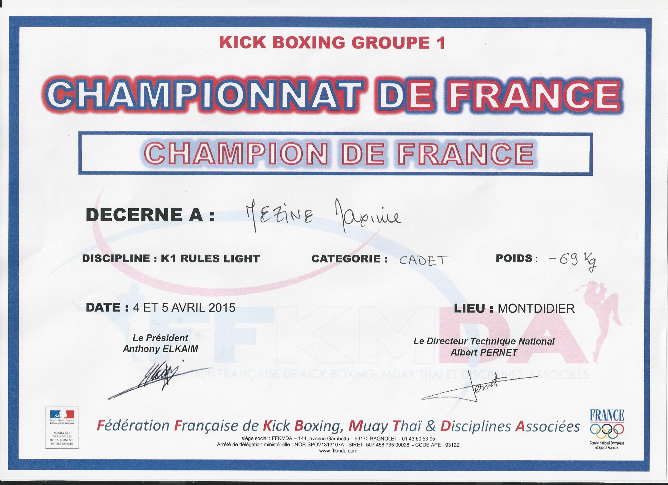 Diplome Chpt de France K1 Rules 2015-2016 Maxime MEZINE