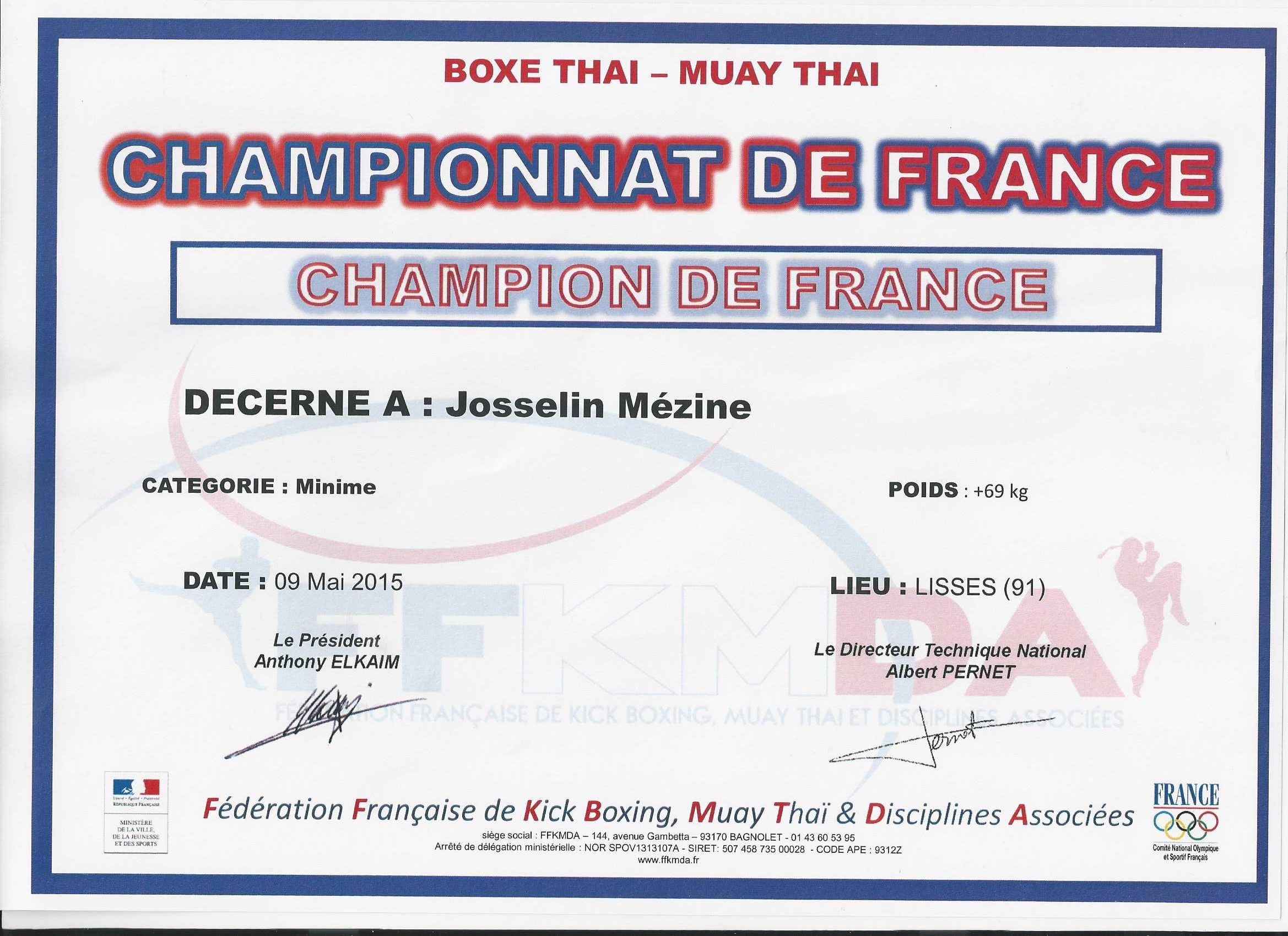 Diplome Chpt de France MuayThai Josselin 2015-2016MEZINE